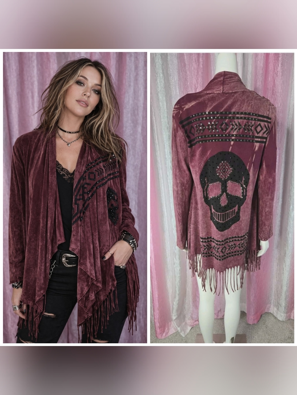 Vocal Skull Crystal Maroon Aztec Fringe Cotton Cardigan Jacket Size Medium